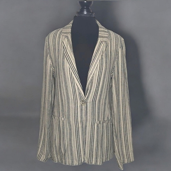 Sanctuary Linen Blend Gray Cream Striped Lightweight Blazer w Pockets M - Picture 12 of 12